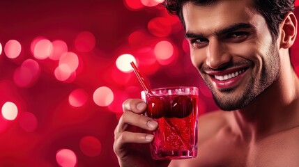 Poster - A smiling man holding a red cocktail with cherries against a blurred red background.