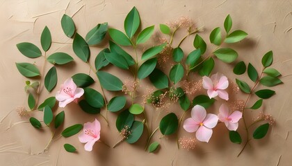 Wall Mural - Delicate pink flowers and vibrant green leaves beautifully arranged on a textured light brown backdrop