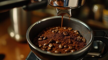 Poster - Espresso being brewed with coffee grounds and beans in a portafilter.