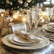 © Genbaboo - An elegant New Year celebration table setting with luxurious gifts, fine china, and sparkling champagne glasses, all adorned with gold and silver accents.