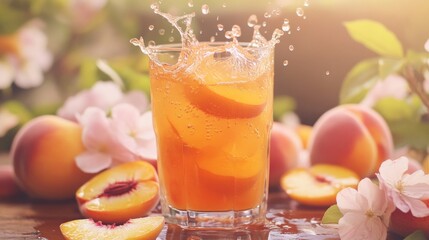 Wall Mural - A refreshing drink with peach slices, splashing in a glass, surrounded by fresh peaches and flowers.