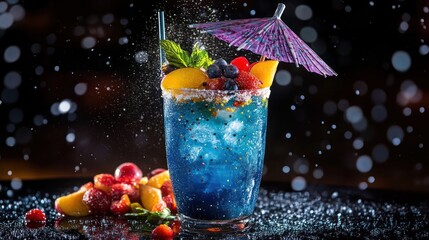 Canvas Print - A vibrant blue cocktail garnished with fruits and an umbrella, set against a sparkling backdrop.