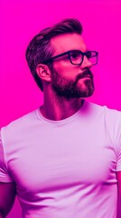 Stylish man in glasses against a vibrant pink background