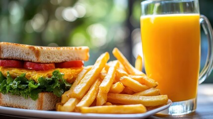 Wall Mural - A delicious meal featuring a sandwich, fries, and a glass of orange juice.