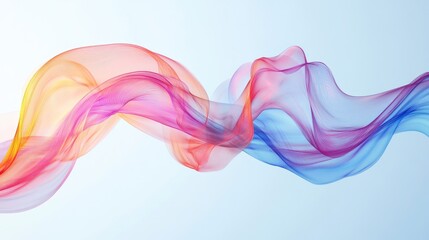 Wall Mural - Abstract ribbons in pink, blue, and orange swirl and flow smoothly on a light blue background, creating dynamic motion. No people.