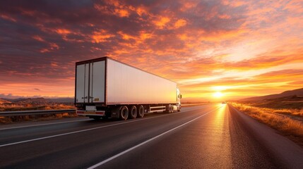 Canvas Print - A truck driving along a road at sunset, highlighting transport and travel.