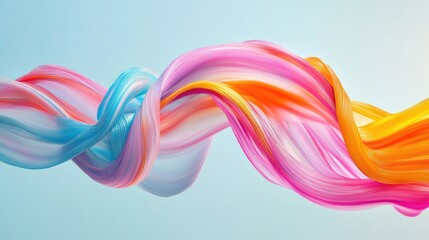 Poster - Colorful abstract ribbons in pink, blue, and orange twist and swirl against a light blue backdrop, creating fluid motion. No people.
