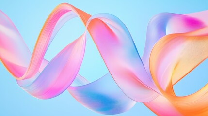 Wall Mural - Colorful abstract ribbons in pink, blue, and orange tones twist and swirl smoothly on a light blue background. No people.