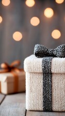 Cozy knitted gift box with festive bokeh background