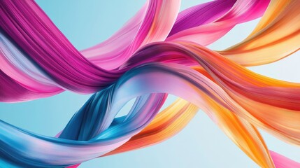 Poster - Swirling abstract ribbons in vibrant pink, blue, and orange glide fluidly on a light blue background. No people.