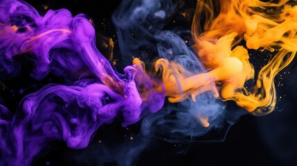 Poster - Swirling streams of purple, yellow, and blue ink create abstract motion on a dark black backdrop. No people.