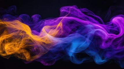 Poster - Vibrant ink flows in purple, yellow, and blue tones, spreading smoothly over a dark black background in an abstract design. No people.