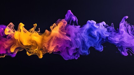 Poster - Vibrant ink flows in purple, yellow, and blue tones, spreading smoothly over a dark black background in an abstract design. No people.