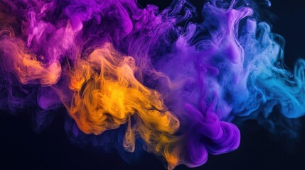 Poster - Vibrant ink flows in purple, yellow, and blue tones, spreading smoothly over a dark black background in an abstract design. No people.