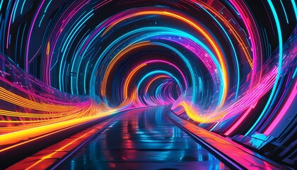 Wall Mural - Futuristic tunnel filled with swirling neon music notes in a vibrant abstract display