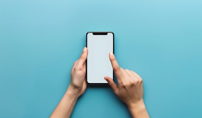 top view of woman using smartphone on blue background