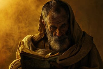 A person reading a book while having a long beard, often used for educational or literary concepts