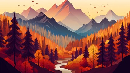 Wall Mural - A scenic mountain landscape with a river winding through a forest of colorful autumn foliage.