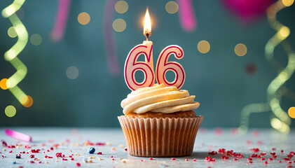 Birthday cupcake with burning lit candle with number 66. Number sixty-six for sixty-six years or sixty-sixth anniversary.