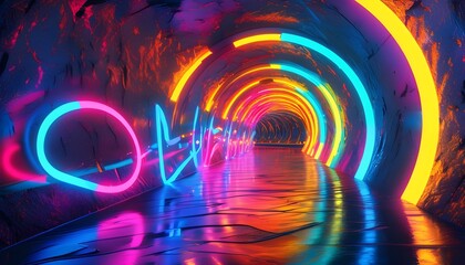 Wall Mural - Futuristic tunnel radiating with glowing neon music notes and vibrant abstract patterns