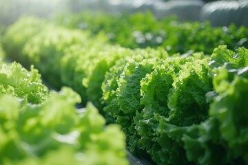 Wall Mural - Field vegetable lettuce fresh organic farm. Close up hydroponic vegetable plantation green salad cultivate farm. Green oak lettuce salad in green Farm. Salad farm vegetable green oak - generative ai