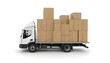 © Kromstar Studios - Delivery and logistics represented by a delivery truck with large boxes isolated on a white background