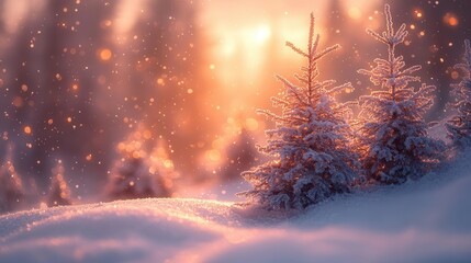 Wall Mural - enchanted winter forest snowladen evergreens in soft twilight magical glow light dusting of snow falling serene and mystical ambiance