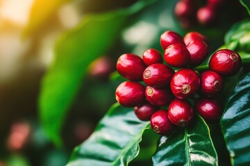 Ripe Red coffee bean berry plant fresh seed coffee tree growth in green eco organic farm. Close up red ripe seed robusta arabica berries harvest for coffee garden. Fresh coffee bean - generative ai