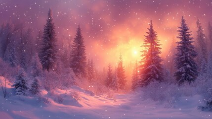 Wall Mural - enchanted winter forest snowladen evergreens in soft twilight magical glow light dusting of snow falling serene and mystical ambiance