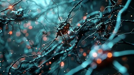 Poster - active neurons in a complex network of synapses, representing brain activity and concepts like neura