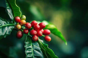 Wall Mural - Ripe Red coffee bean berry plant fresh seed coffee tree growth in green eco organic farm. Close up red ripe seed robusta arabica berries harvest for coffee garden. Fresh coffee bean - generative ai