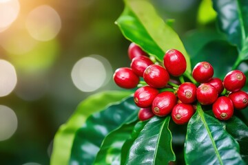 Wall Mural - Ripe Red coffee bean berry plant fresh seed coffee tree growth in green eco organic farm. Close up red ripe seed robusta arabica berries harvest for coffee garden. Fresh coffee bean - generative ai