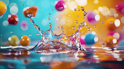 Poster - Water Drop Splash with Colorful Bokeh Background.