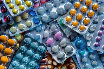 Wall Mural - A close-up shot of a table with a pile of pills and contrails