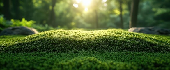 lush green field carpeted with moss and grass encapsulating a serene and peaceful atmosphere bathed in soft sunlight that enhances the calming quality of nature