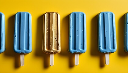 Vibrant blue popsicles against a sunny yellow backdrop with a striking gold popsicle creating a unique focal point