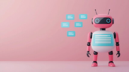 Poster - Pink Robot with Chat Bubbles on Pink Background.