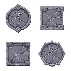 Stone sign board game UI illustration in Aztek style. APP frame for your icons, cracked granite rock frame. Solid gray stone texture background, tile interface decorative element on white background