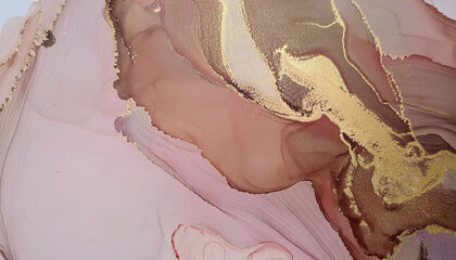 Poster - Abstract beige art with gold — pink background with brown, beautiful smudges and stains made with alcohol ink and golden pigment. Beige fluid art texture resembles petals, watercolor or aquarelle.