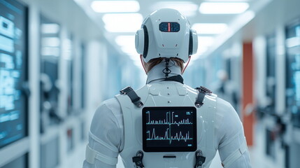 Aufkleber - Cyborg walking through a futuristic hallway.