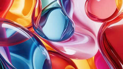 Wall Mural - Colorful glass 3D objects arranged in a fluid, abstract pattern on a sleek background, creating a modern wallpaper effect. No people.