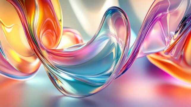 Colorful glass 3D objects arranged in a fluid, abstract pattern on a sleek background, creating a modern wallpaper effect. No people.