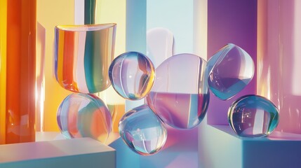 Poster - Dynamic composition of colorful glass 3D objects floating in an abstract space, forming a striking, modern background. No people.