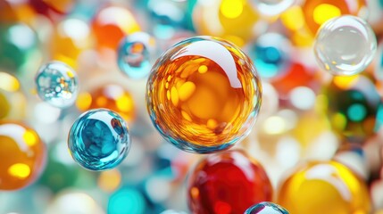 Poster - Dynamic composition of colorful glass 3D objects floating in an abstract space, forming a striking, modern background. No people.