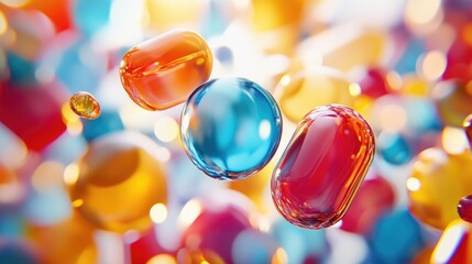 Poster - Dynamic composition of colorful glass 3D objects floating in an abstract space, forming a striking, modern background. No people.