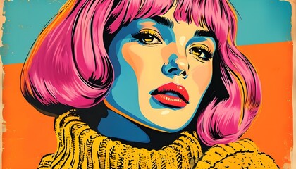 Wall Mural - Vibrant pop art portrait of a woman with pink hair in a yellow sweater against a retro blue and orange backdrop