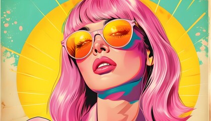 Wall Mural - Vibrant pop art depiction of a chic woman with pink hair and oversized sunglasses against a lively retro backdrop