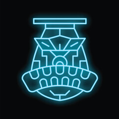 Sticker - Glowing neon line robot head artificial intelligence icon isolated on black background. Machine learning robot brain ai