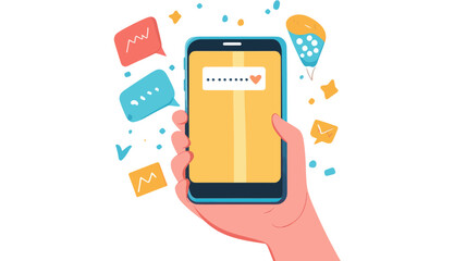 Poster - Hand Holding Smartphone Displaying New Messages Notification Vector Illustration - Modern Communication, Mobile Technology, Instant Messaging, Digital Notification Alert