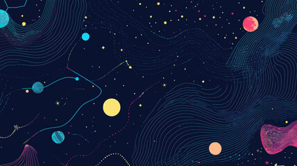 Poster - Abstract Vector Illustration of Virtual Reality Space with Starry Sky, Planets, and Galactic Shapes - Minimalistic Technology and Universe Concept
